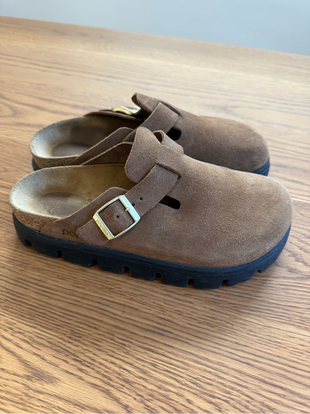 Birkenstock Brown Suede Clog Mule with Gold Buckle